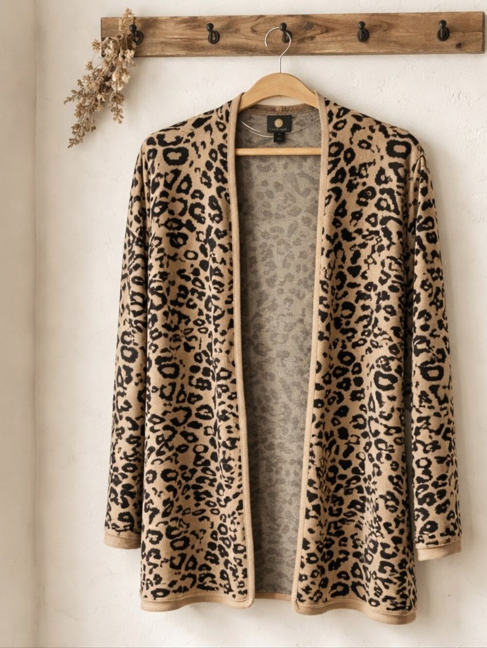 JM Collection. Leopard Print Open Cardigan Sweater - Tan/Black